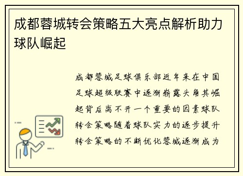 成都蓉城转会策略五大亮点解析助力球队崛起 成都蓉城转会策略五大亮点解析助力球队崛起