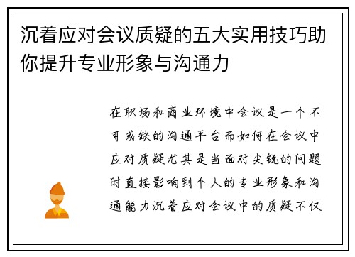 沉着应对会议质疑的五大实用技巧助你提升专业形象与沟通力