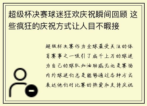 超级杯决赛球迷狂欢庆祝瞬间回顾 这些疯狂的庆祝方式让人目不暇接