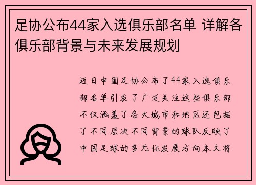 足协公布44家入选俱乐部名单 详解各俱乐部背景与未来发展规划
