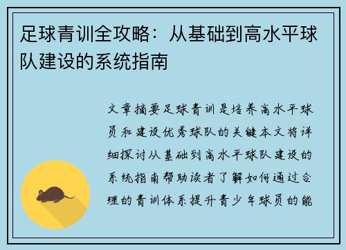 足球青训全攻略：从基础到高水平球队建设的系统指南
